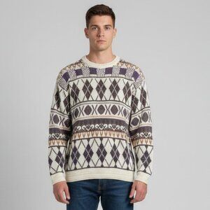 Etchings Medium Cream Purple Crochet Trim Pullover Y2K 90s Grandpa Sweater EUC